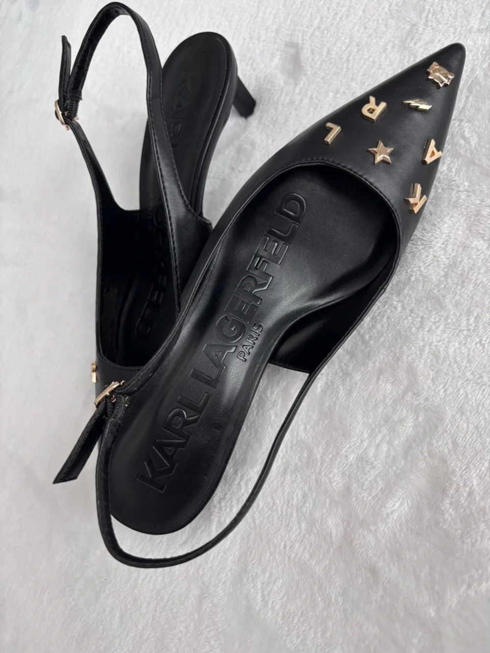 KARL LAGERFELD Sunday Black Faux Leather Slingback Kitten Heel Pump--NWOB--7.5 - Picture 4 of 15